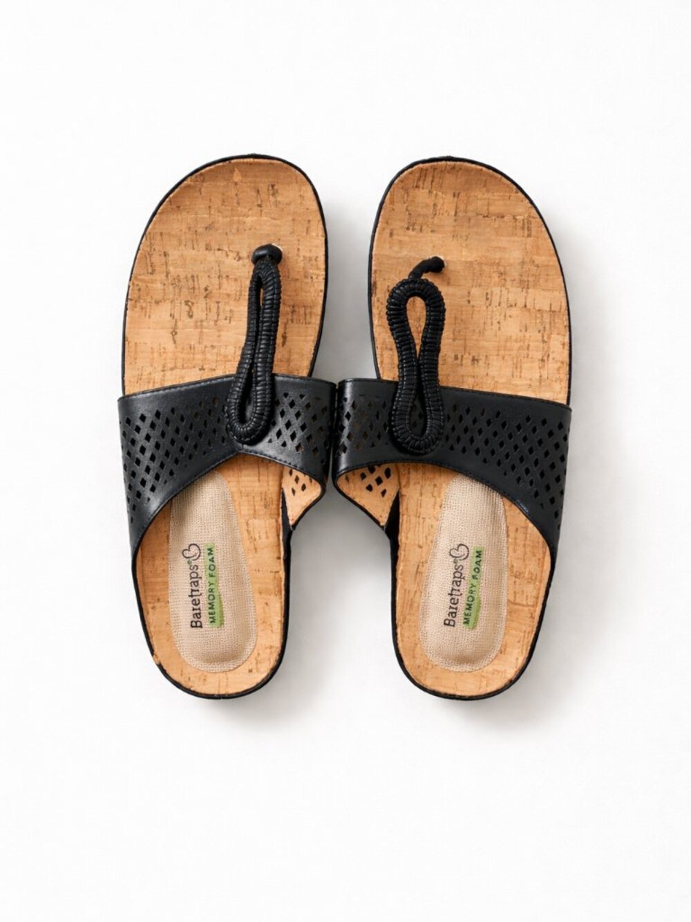BareTraps Black Leather Flip Flop Sandals Memory Foam Cork Insole Size 9 EUC